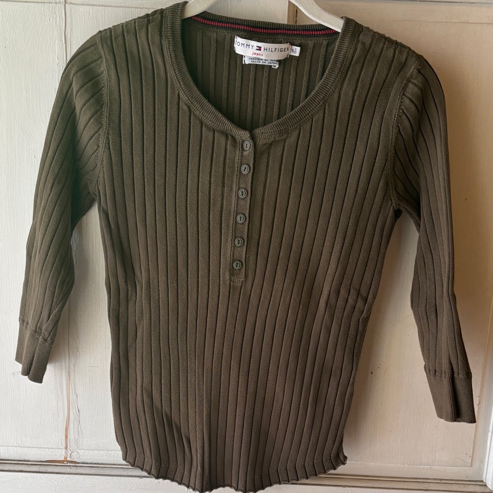 Tommy Hilfiger Olive Ribbed Half Sleeve Henley Top